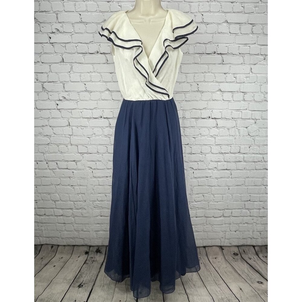 VTG Miss Elliette Ivory Blue Ruffled Retro Flutter Sleeve A Line Maxi Dress 8